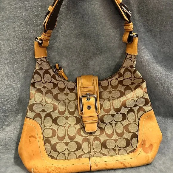 Coach Logo Shoulder Bag Purse Boho Brown Leather - Picture 1 of 9